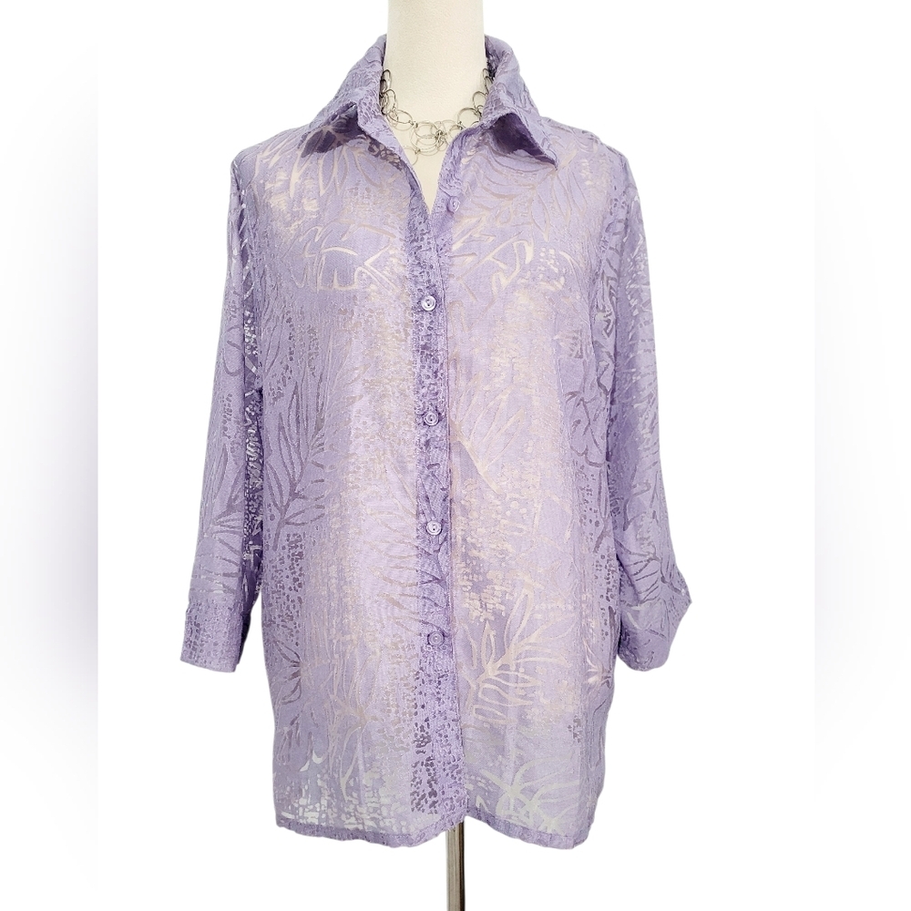 Alfred Dunner Purple Sheer Burnout Button Front Blouse Women’s Size 14 Floral - Picture 2 of 11